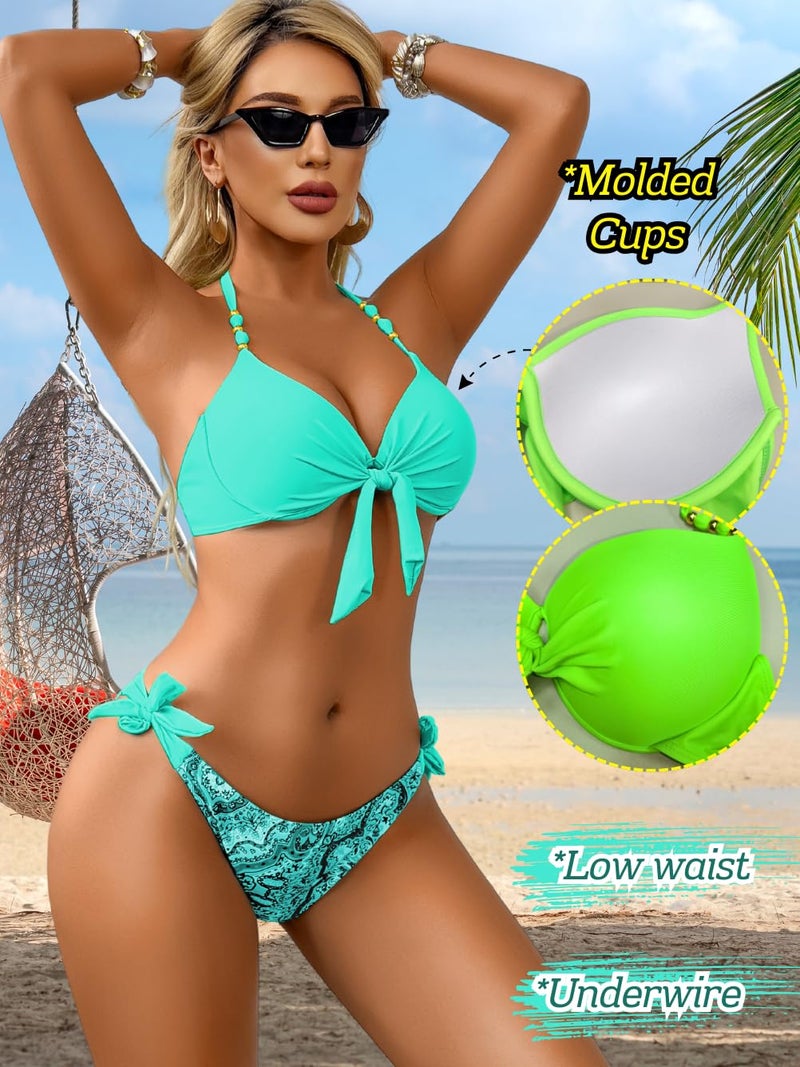 ShawGobow Sexy Push Up Bikini Sets for Women,Tie Halter Underwire Boho Swimsuit,2 Piece Cheeky Bathing Suit Beach Pool Party Turquoise Small - Image 3