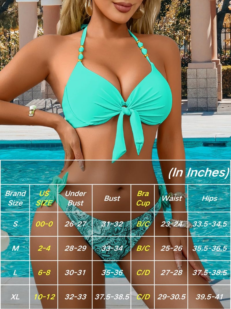 ShawGobow Sexy Push Up Bikini Sets for Women,Tie Halter Underwire Boho Swimsuit,2 Piece Cheeky Bathing Suit Beach Pool Party Turquoise Small - Image 2