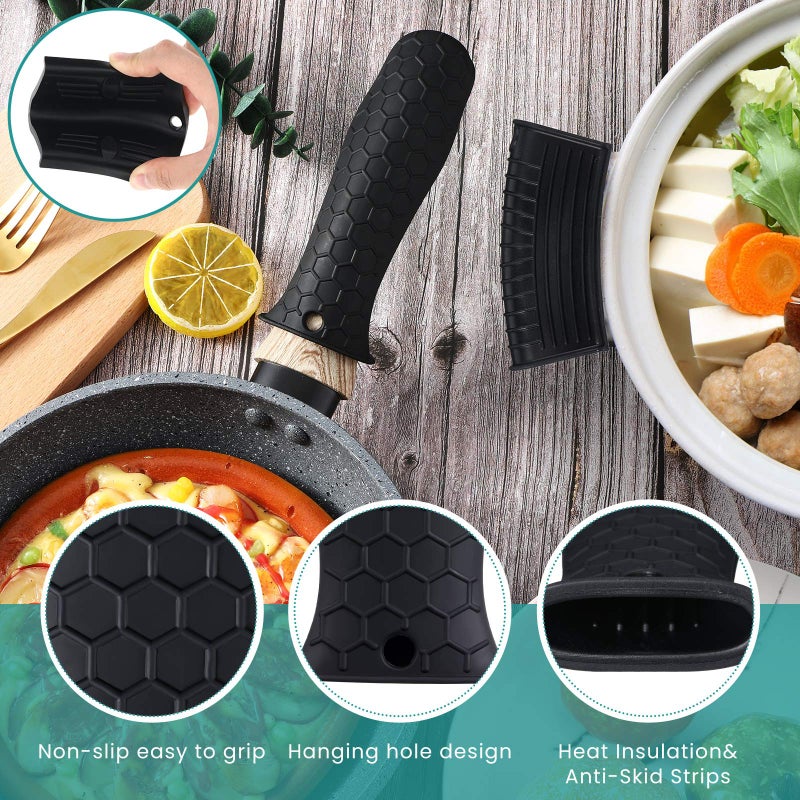 Patelai 8 Pcs Silicone Pot Holders Set Cast Iron Handle Cover Heat Resistant Pot Handle Covers Potholder Non Slip Reusable Pan Sleeve for Frying Pan Kitchen Supplies(Black) - Image 3