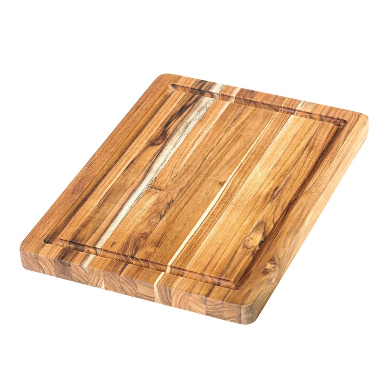Teakhaus Cutting Board  Small S Wood Cutting Board with Juice Groove and Grip Handles  14L x 10W  Thin Lightweight Reversible Teak Edge Grain Wood  Knife Friendly  FSC Certified
