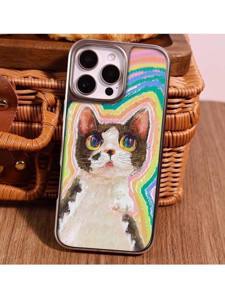 NIBEMINENT Rainbow Kitty Protective TPU Case Cover For iPhone 16 Pro, Electroplating Silver