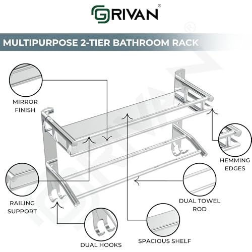 GRIVAN Multipurpose Stainless Steel Single Layer Shelf with Towel Rod I Multipurpose Wall Mount Bath Shelf Organizer l Bathroom Shelf and Rack I Bathroom Accessories - Chrome Finish, Silver - Image 4