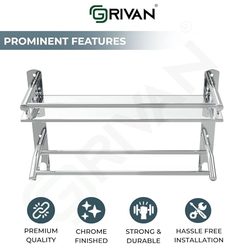 GRIVAN Multipurpose Stainless Steel Single Layer Shelf with Towel Rod I Multipurpose Wall Mount Bath Shelf Organizer l Bathroom Shelf and Rack I Bathroom Accessories - Chrome Finish, Silver - Image 3