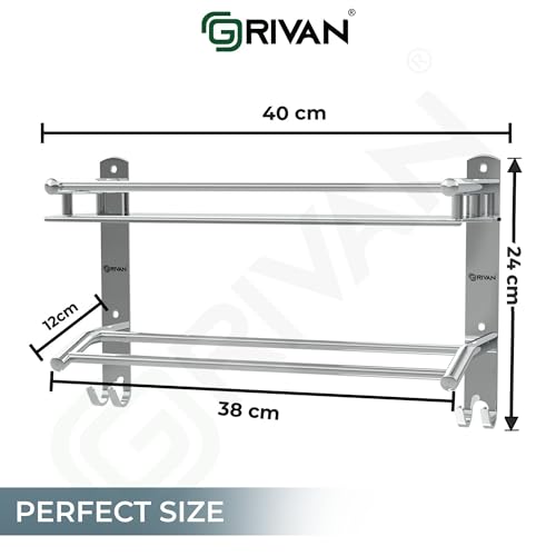 GRIVAN Multipurpose Stainless Steel Single Layer Shelf with Towel Rod I Multipurpose Wall Mount Bath Shelf Organizer l Bathroom Shelf and Rack I Bathroom Accessories - Chrome Finish, Silver - Image 2