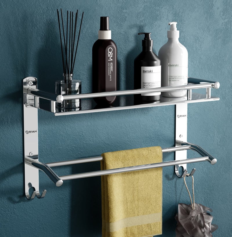 GRIVAN Multipurpose Stainless Steel Single Layer Shelf with Towel Rod I Multipurpose Wall Mount Bath Shelf Organizer l Bathroom Shelf and Rack I Bathroom Accessories - Chrome Finish, Silver - Image 1