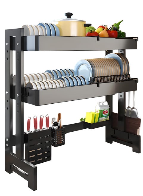 Double Layer 2 Tier Over The Sink Dish Drying Stand Drainer Organizer Adjustable Length and Height Storage Rack Countertop Kitchen Cutlery Utensil Plate Holder Drain Bracket Shelf