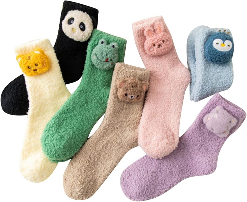 Fuzzy Animal Socks, Soft Coral Fleece 3D Animal Cartoon Socks, Funny Cute Fluffy Animal Plush Warm Winter Slipper Cozy Socks 7pairs-a - Image 1