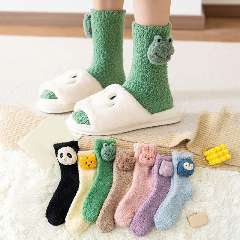 Fuzzy Animal Socks, Soft Coral Fleece 3D Animal Cartoon Socks, Funny Cute Fluffy Animal Plush Warm Winter Slipper Cozy Socks 7pairs-a - Image 2