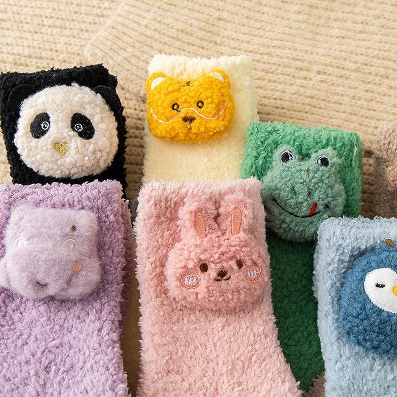 Fuzzy Animal Socks, Soft Coral Fleece 3D Animal Cartoon Socks, Funny Cute Fluffy Animal Plush Warm Winter Slipper Cozy Socks 7pairs-a - Image 3