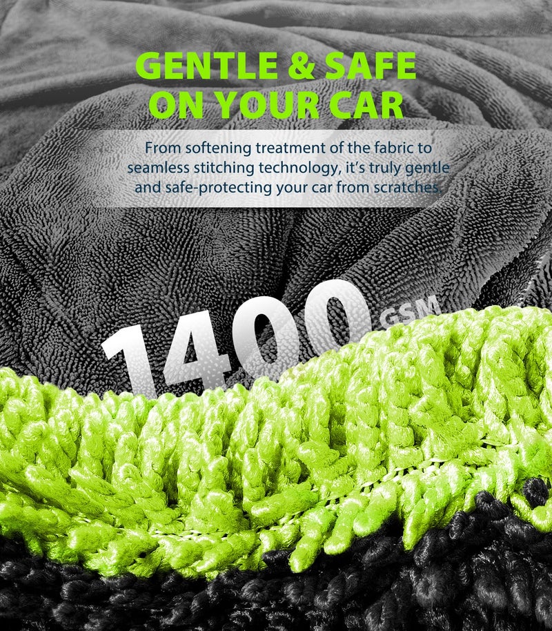 KKV Full-Sized SUV Drying Towel, 48â€x24â€ Dual Sided Microfiber Car Cleaning Towel with Twisting Yarn Technique, 1400GSM Super Absorbent, Scratch-Free, Machine Washable (Darkgray-GreenYellow) - Image 3