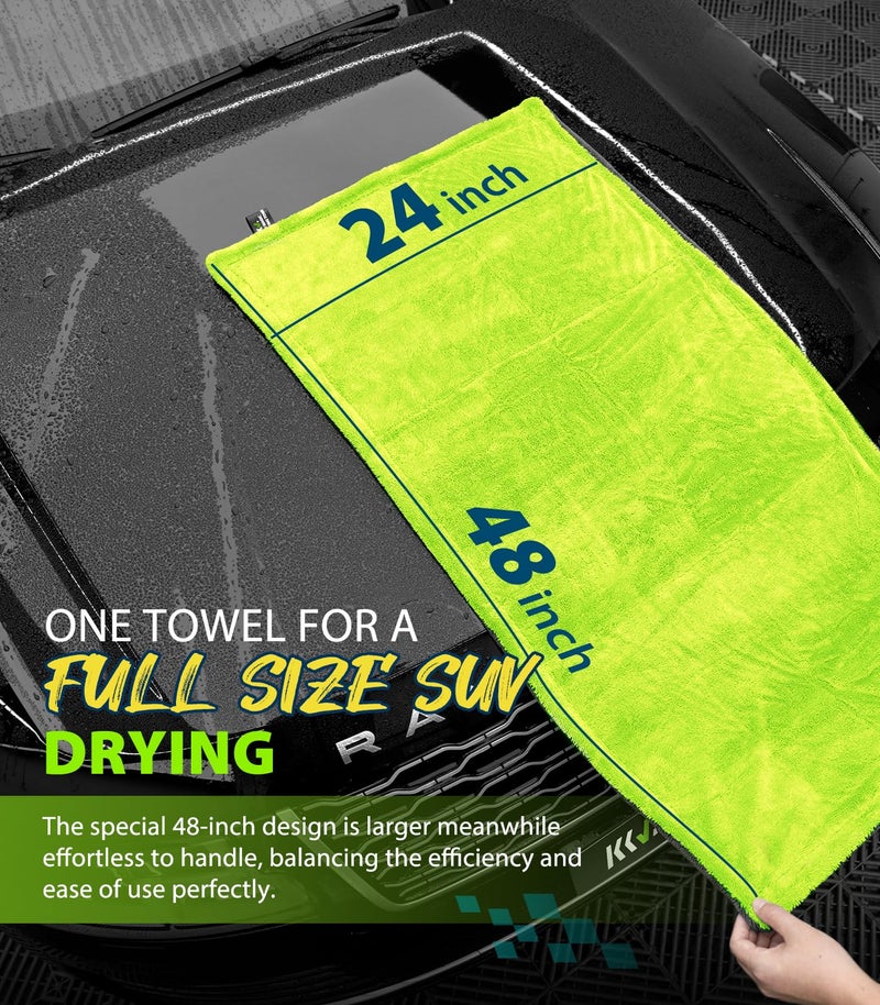 KKV Full-Sized SUV Drying Towel, 48â€x24â€ Dual Sided Microfiber Car Cleaning Towel with Twisting Yarn Technique, 1400GSM Super Absorbent, Scratch-Free, Machine Washable (Darkgray-GreenYellow) - Image 2