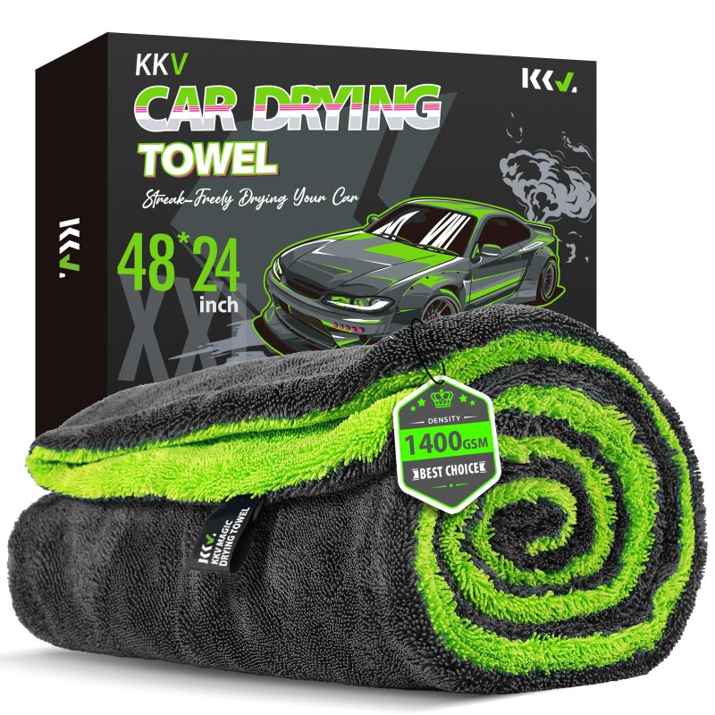 KKV Full-Sized SUV Drying Towel, 48â€x24â€ Dual Sided Microfiber Car Cleaning Towel with Twisting Yarn Technique, 1400GSM Super Absorbent, Scratch-Free, Machine Washable (Darkgray-GreenYellow) - Image 1