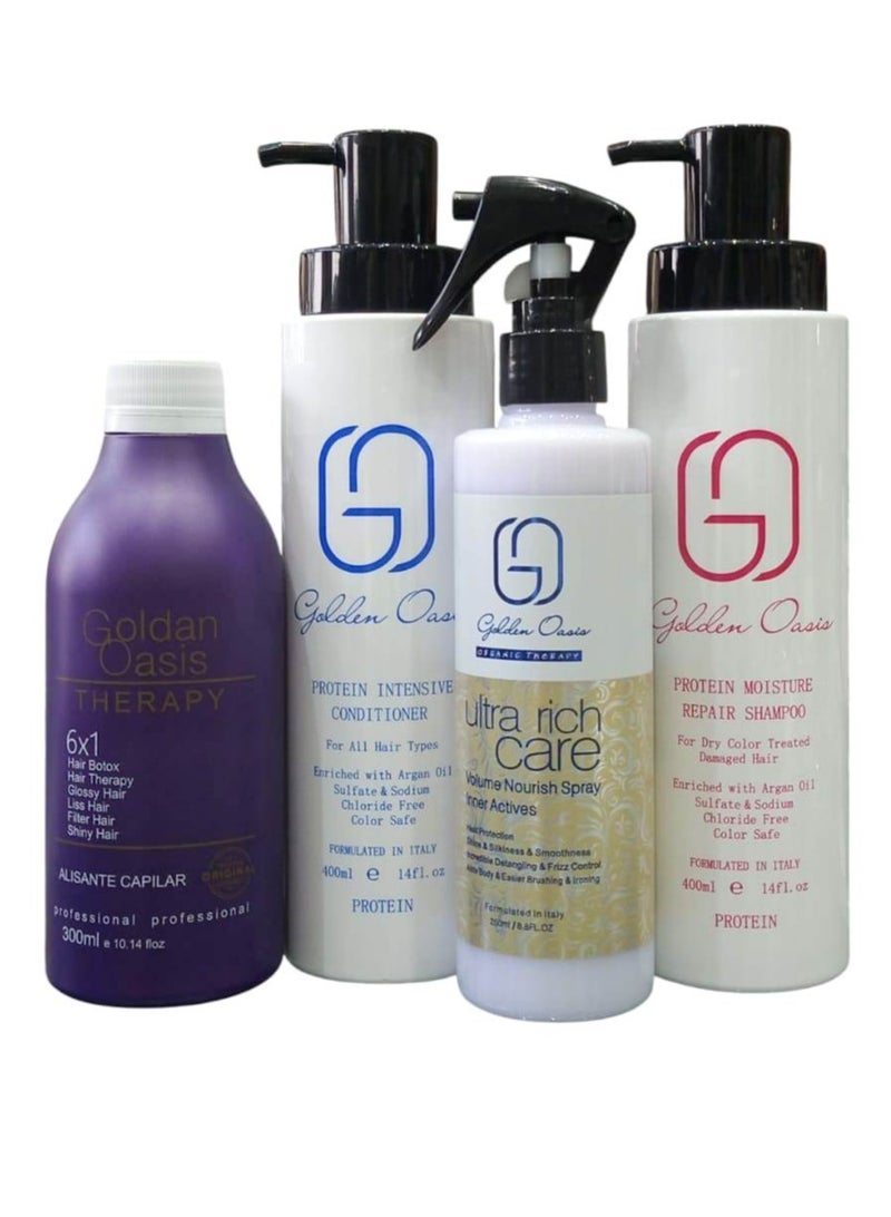 Golden Oasis Brazilian Therapy Protein (6 x 1) 300ml + Shampoo 400ml and Conditioner 400ml and Care Spray 250ml for Hair Care After Protein - Image 1