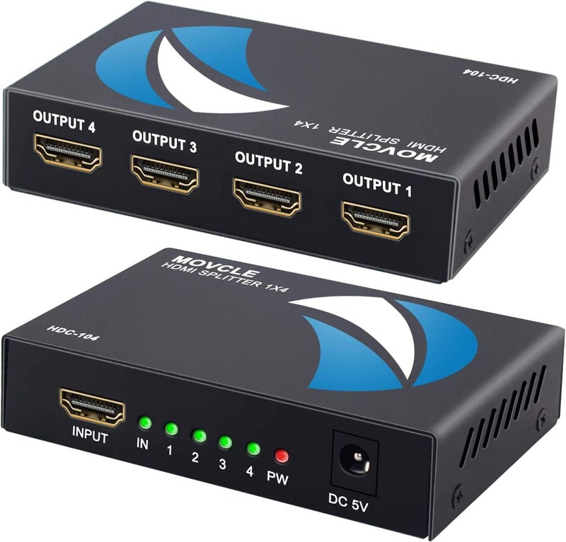 Movcle HDMI Splitter 1 in 4 out Full Ultra HD 1080P 4K/2K 1X4 Port Box Hub with US Adapter v1.4 Powered Certified for 3D Support - Image 1