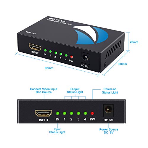 Movcle HDMI Splitter 1 in 4 out Full Ultra HD 1080P 4K/2K 1X4 Port Box Hub with US Adapter v1.4 Powered Certified for 3D Support - Image 5