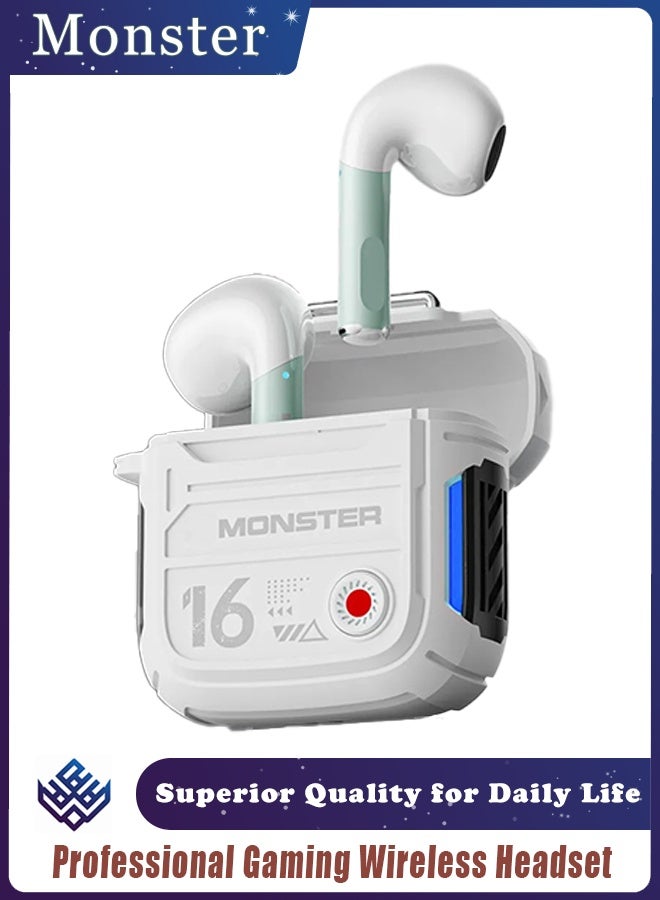 مونستر سماعات أذن لاسلكية للألعاب، بلوتوث 5.4، مشغل 13 مم، إلغاء الضوضاء النشط، زمن انتقال منخفض للموسيقى/الألعاب، مقاومة للعرق (أبيض) - Image 1