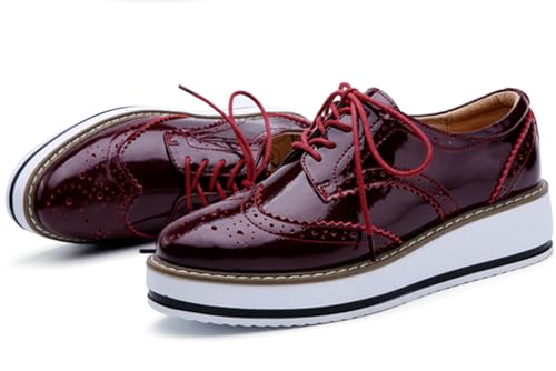 DADAWEN Women's Platform Lace-Up Wingtips Square Toe Oxfords Shoe Red US Size 9/Asia Size 41/25.5cm - Image 3