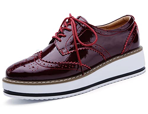 DADAWEN Women's Platform Lace-Up Wingtips Square Toe Oxfords Shoe Red US Size 9/Asia Size 41/25.5cm - Image 1