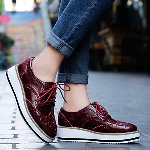 DADAWEN Women's Platform Lace-Up Wingtips Square Toe Oxfords Shoe Red US Size 9/Asia Size 41/25.5cm - Image 4