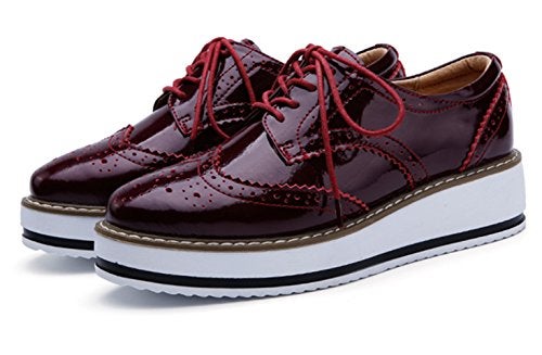 DADAWEN Women's Platform Lace-Up Wingtips Square Toe Oxfords Shoe Red US Size 9/Asia Size 41/25.5cm - Image 2