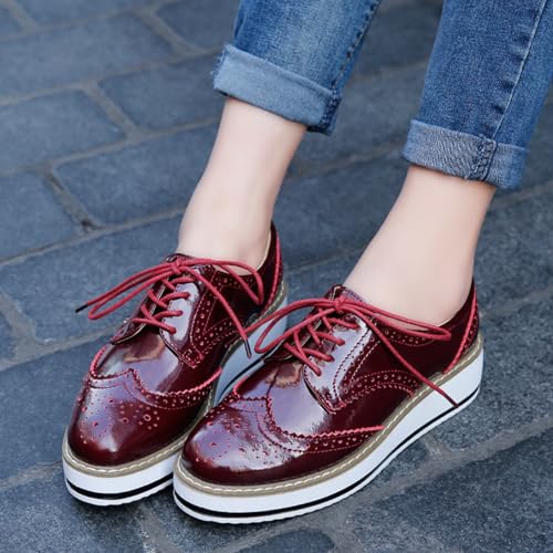 DADAWEN Women's Platform Lace-Up Wingtips Square Toe Oxfords Shoe Red US Size 9/Asia Size 41/25.5cm - Image 5
