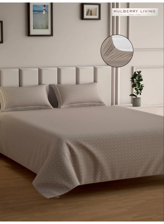 MULBERRY LIVING 100% Cotton - 300Tc Urban Grid King Size (180X200 Cms) Fitted Bedsheet With 2 Pillow Covers (50X75 Cm) - Mocha