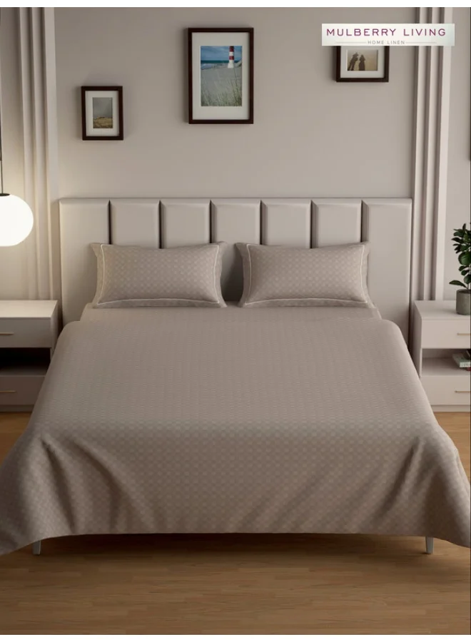 MULBERRY LIVING 100% Cotton - 300Tc Urban Grid King Size (180X200 Cms) Fitted Bedsheet With 2 Pillow Covers (50X75 Cm) - Mocha