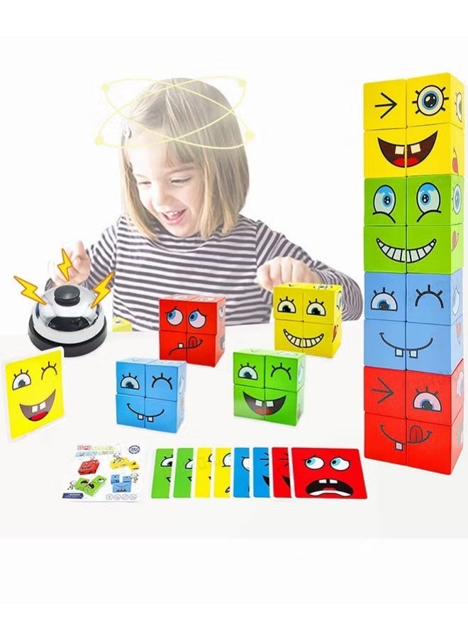 Expression Blocks Set with Clap Bell and 64 Cards, Wooden Expressions Matching Block Puzzles, Funny Emoji Building Cubes, Face Changing Magic Cube Game, Educational Montessori Toys, Perfect Gift for Kids - Image 1