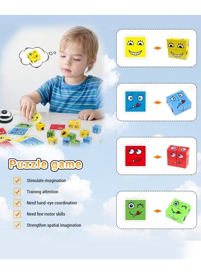 Expression Blocks Set with Clap Bell and 64 Cards, Wooden Expressions Matching Block Puzzles, Funny Emoji Building Cubes, Face Changing Magic Cube Game, Educational Montessori Toys, Perfect Gift for Kids - Image 3