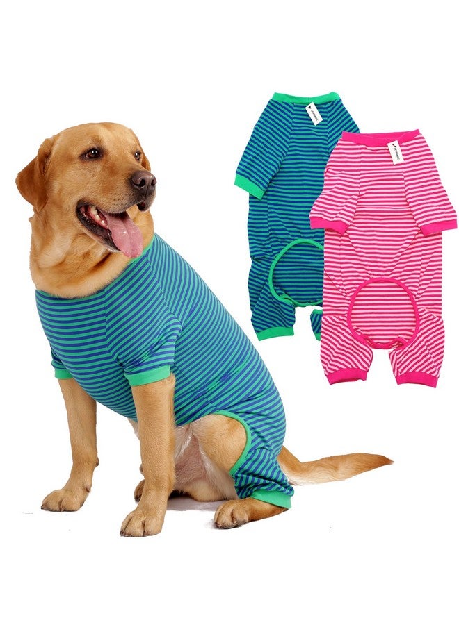LEVIBASIC Dog Pajamas Cotton Striped Pup Jumpsuit, Breathable 4 Legs Basic Pjs Shirts for Puppy and Cat, Super Soft Stretchable Dog Jammies for Boys and Girls (X-Large, Pink+Green)  - Image 1