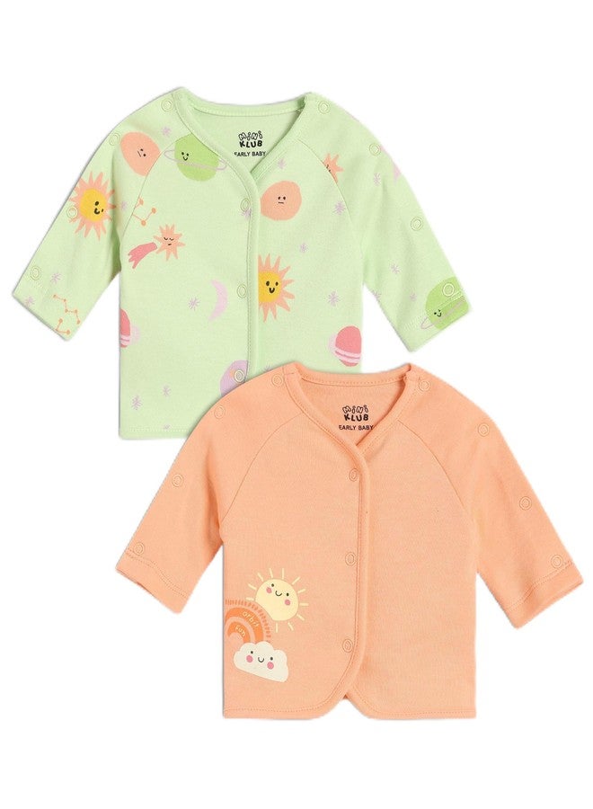 miniklub Baby Girls Front Open Full Sleeves Knitted Cotton Front Open Vest, Pack of 2, Green/Peach (9-12M) - Image 1