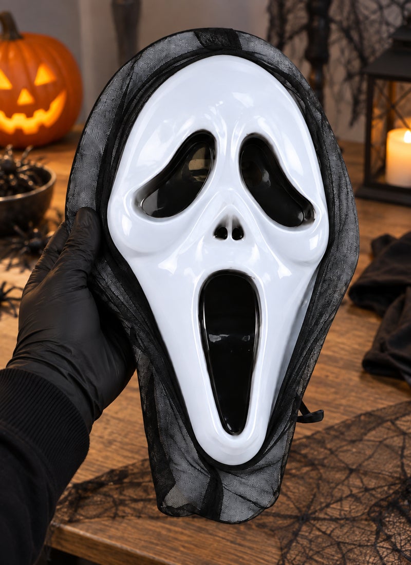 Trentor Halloween Scream Ghost Face Mask with White Face and Black Hood - Image 3