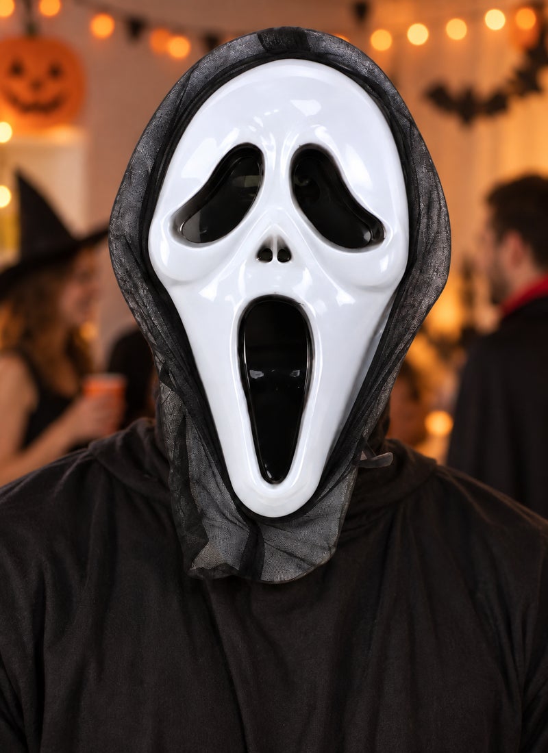Trentor Halloween Scream Ghost Face Mask with White Face and Black Hood - Image 1