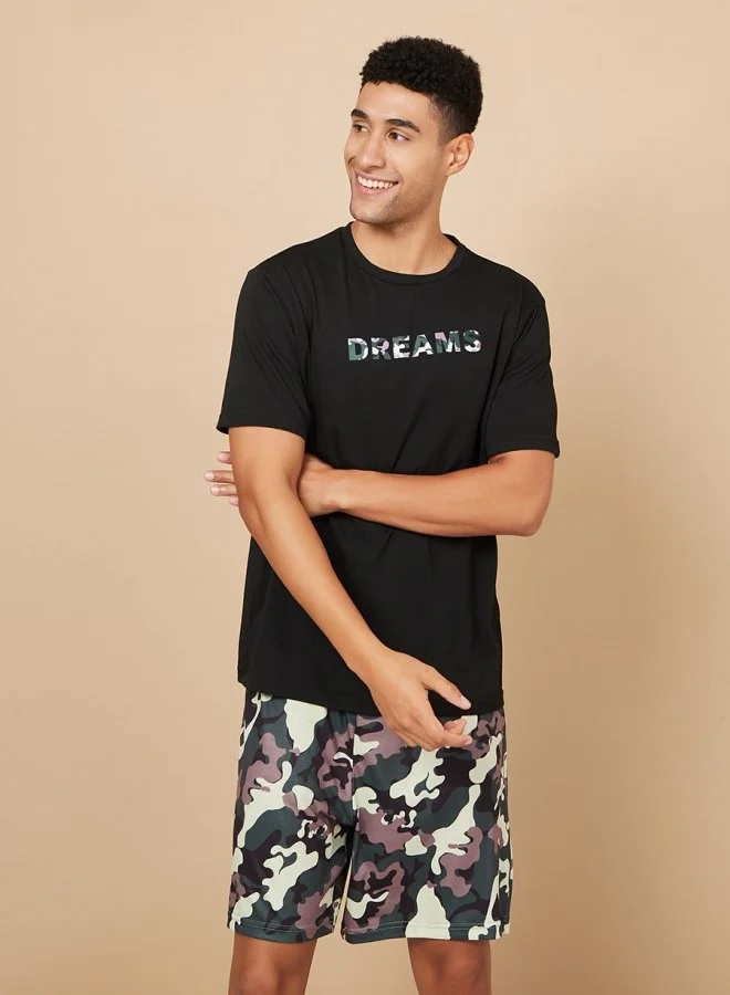 Styli Slogan Print Round Neck T-Shirt & Camo Shorts Set