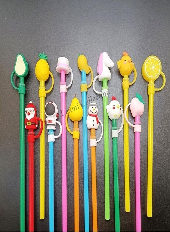 Laxmi Collection 12 Pcs Reusable Silicone Cover Cap Drinking Straw Trendy Straw with Lid Cover Airtight Dustproof Cartoon Theme for Home Kitchen Accessories-Multicolor (Pack of 12) - Image 1