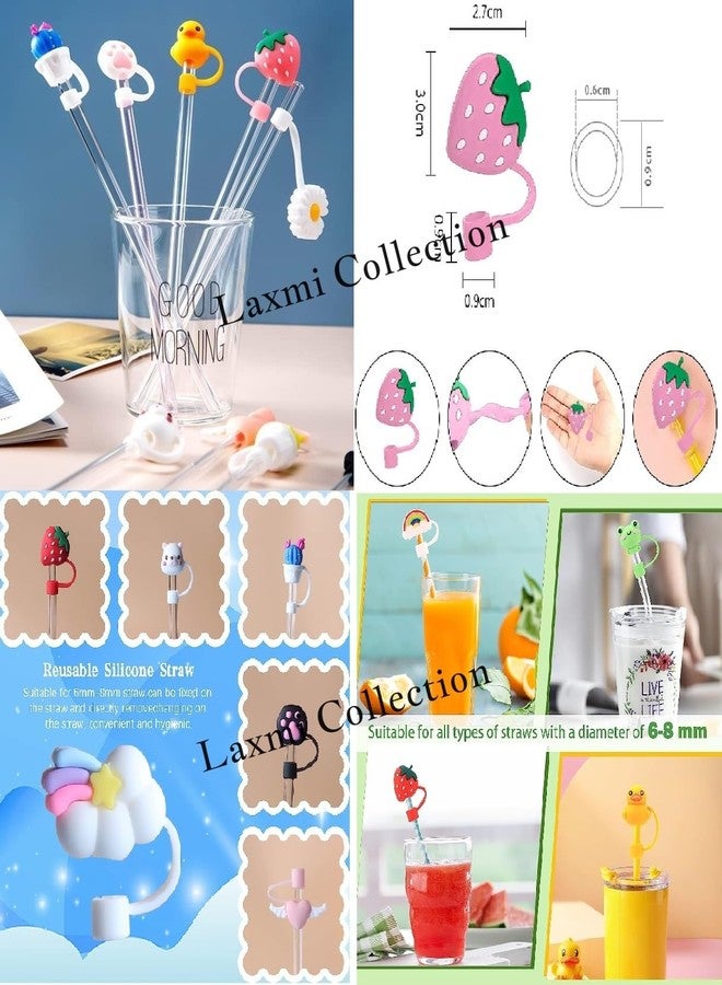 Laxmi Collection 12 Pcs Reusable Silicone Cover Cap Drinking Straw Trendy Straw with Lid Cover Airtight Dustproof Cartoon Theme for Home Kitchen Accessories-Multicolor (Pack of 12) - Image 2