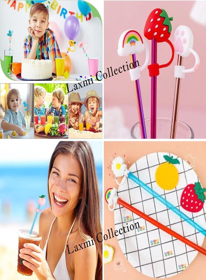 Laxmi Collection 12 Pcs Reusable Silicone Cover Cap Drinking Straw Trendy Straw with Lid Cover Airtight Dustproof Cartoon Theme for Home Kitchen Accessories-Multicolor (Pack of 12) - Image 5