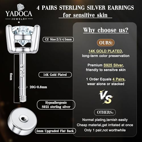 Yadoca Hypoallergenic Flat Back Earrings for Women - 925 Sterling Silver Earrings for Sensitive Ears - Cartilage Earring Helix Conch Tragus Piercing Flatback Cubic Zirconia Earring Set Studs Men 2/3/4/5mm - Image 2