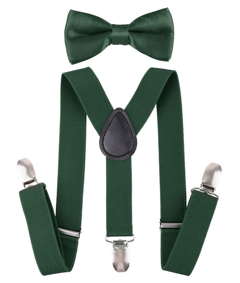 Livingston Suspenders Pre Tied Bowtie Y Shape Suspender for Kids, Dark Green - Image 1