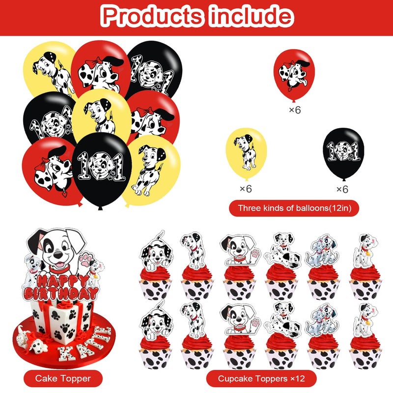 PINUO 101 Dogs Birthday Party Supplies: Cake Caps, Cupcake Caps, Flags, Latex Balloons - Red, Black, White - Dog Themed - Includes 12 Cupcake Toppers, 1 Big Cake Topper, Banner, 18" Balloons - Image 2