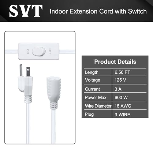 Evenpop Long Extension Cord with Switch On/Off 3 Prong 18 AWG 6.56 FT Indoor Power Cord for Indoor Use - White - Image 3