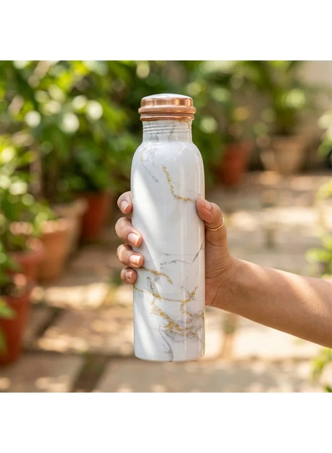 Mobcos Mobcos Ivory Gold Vein Copper Water Bottle 1 Ltr, 99% Pure Copper Bottle with Leakproof Screw Cap, Handmade Marbled Design, Reusable Water Bottle for Home, Office & Travel