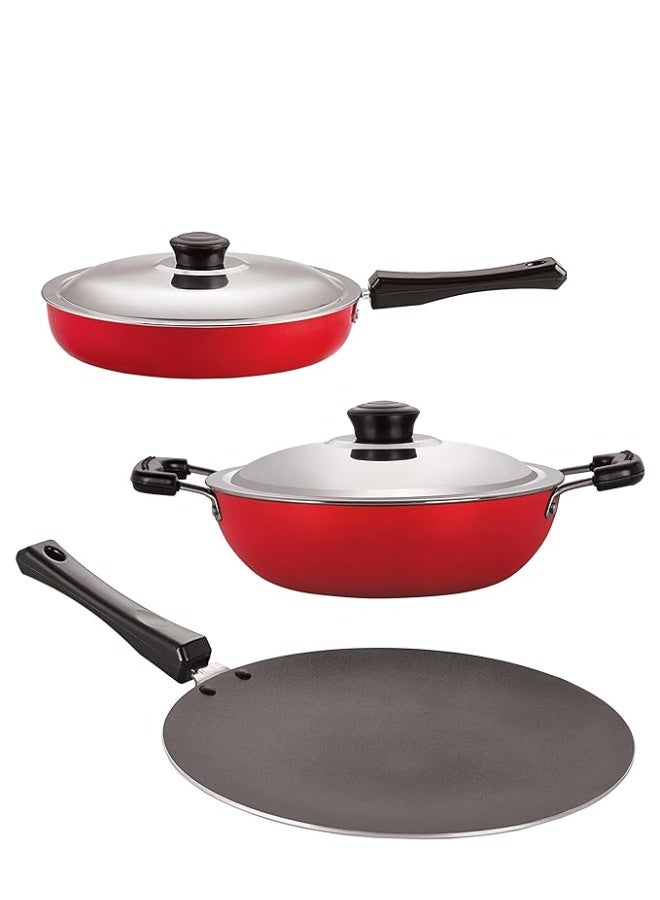 NIRLON Non-Stick COOKWARE POTS & PAN Kitchen Set (CONCAVE TAWA 28.5 cm, Fry PAN with Steel LID 2 LTR,DEEP KADAI with LID - Medium 2.5 LTR) - Image 1
