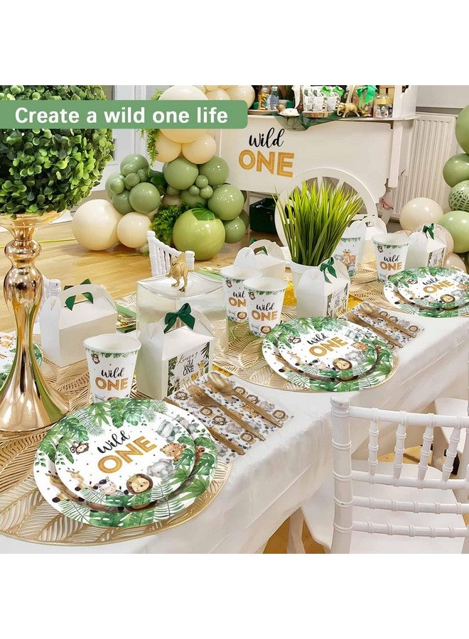 Heboland 175 Pcs Wild One Birthday Decorations Plates Set 25 Guests, Safari Jungle Baby Shower Theme Paper Plates Napkins Cups Cutlery Set Boys First 1st Party Supplies - Image 2