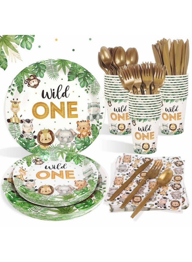 Heboland 175 Pcs Wild One Birthday Decorations Plates Set 25 Guests, Safari Jungle Baby Shower Theme Paper Plates Napkins Cups Cutlery Set Boys First 1st Party Supplies - Image 1