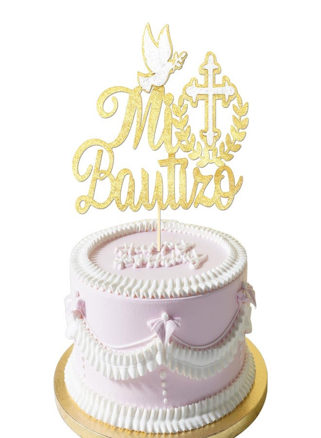 Hpmjz Spanish Mi Bautizo Cake Topper First Holy Communion Cakes Pick Glitter Bless Baptism Cake Decoration Golden Birthday Party Supplies Cross Dove Cakes Deco for Christening Shower Theme Gender Reveal - Image 1