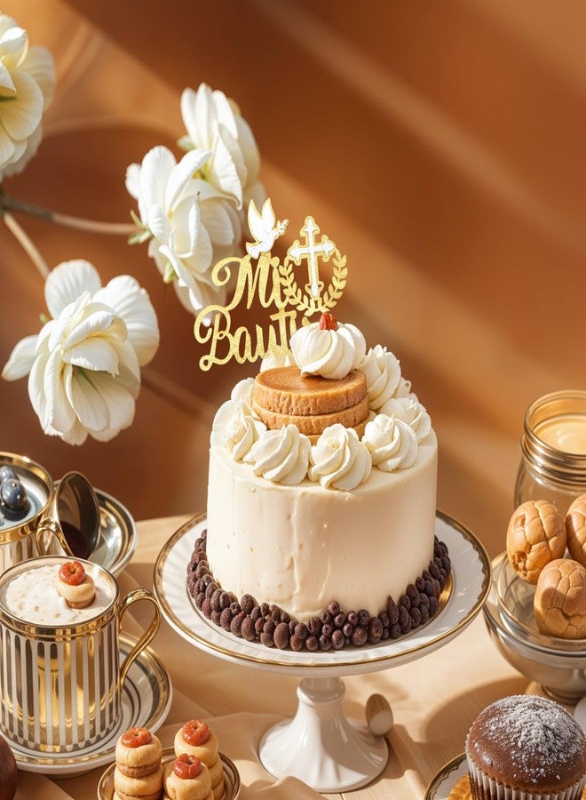 Hpmjz Spanish Mi Bautizo Cake Topper First Holy Communion Cakes Pick Glitter Bless Baptism Cake Decoration Golden Birthday Party Supplies Cross Dove Cakes Deco for Christening Shower Theme Gender Reveal - Image 5