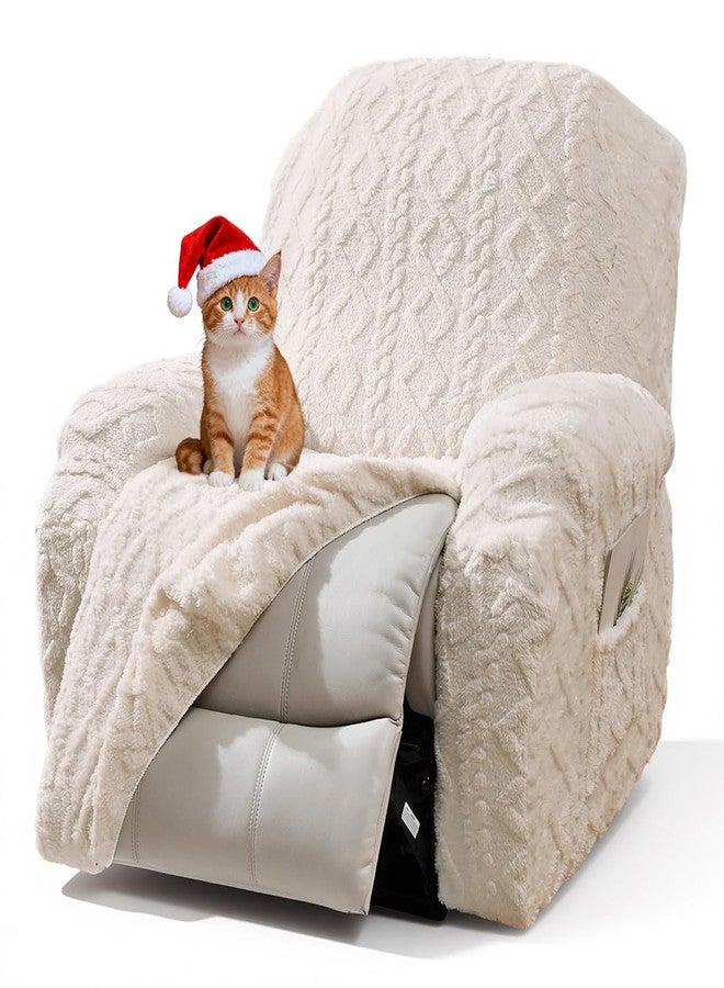 vctops 4 Pieces Geometric Jacquard Plush Recliner Slipcovers Soft Fuzzy Fluffy Sofa Couch Cover Anti-Slip Furniture Protector with Elastic Bottom for Kids Cats Dogs(Cream,1 Seat) - Image 1