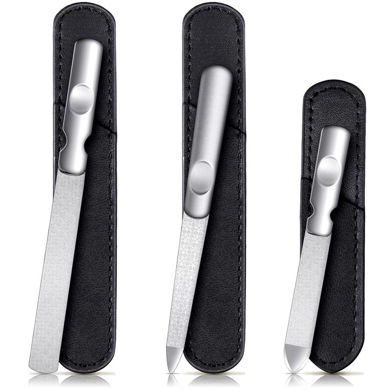 Mudder 3 Pcs Stainless Steel Nail Files Kit with Leather Case, Double Sided Metal Nail Files with Anti-slip Handle for Women and Men, Metal File Buffer Manicure Pedicure Tools for Fingernail Toenail(Black)