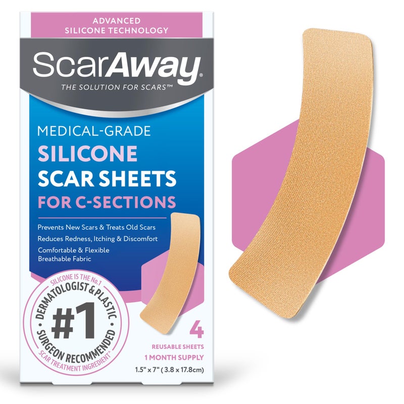 ScarAway Advanced Silicone Scar Sheets for C-Section, Reusable Strips (1.5â€ x 7â€) for Hypertrophic and Keloid Scars from C-Section & Other Surgeries, 4 Sheets - Image 1